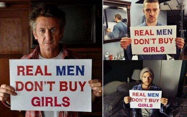 A composite image showing Sean Penn, Justin Timberlake and Ashton Kutcher, holding signs which say "Real Men Don't Buy Girls"