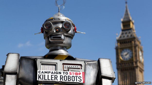 A robot with a slogan calling for a ban on fully autonomous weapons in in London, April 2013