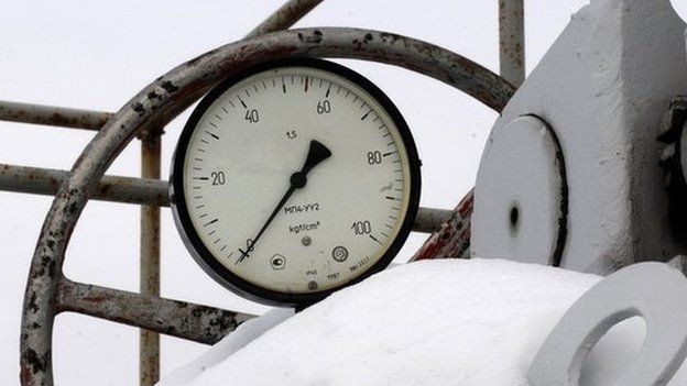 A gas pressure gauge indicating zero seen at a snow-covered transit point on the main pipeline from Russia in the village of Boyarka near the capital Kiev, Ukraine, Saturday, Jan 3, 2009