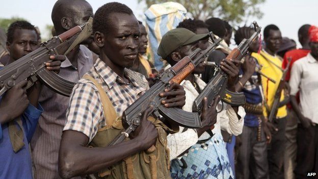 Members of the White Army, a South Sudanese anti-government militia, attend a rally in Nasir on 14 April 2014