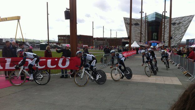 The time trial begins at Titanic Belfast in the east of the city