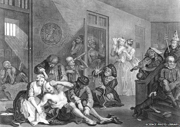 "Bedlam", an engraving by the English artist William Hogarth (1697-1764), depicting patients on a ward at the Bethlehem Hospital, London