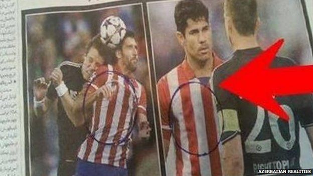 Screenshot of doctored photo of Atletico Madrid footballer with sponsorship logo removed from the shirt