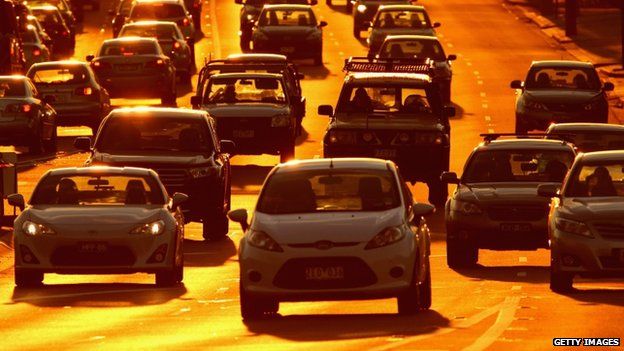 Rush hour traffic on a congested road as the sun sets on 13 May 2014 in Melbourne, Australia