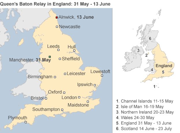 Map showing the route of the Queen's Baton Relay
