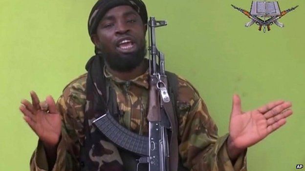 Boko Haram leader Abubakar Shekau speaking to the camera in a video the group released on 12 May 2014