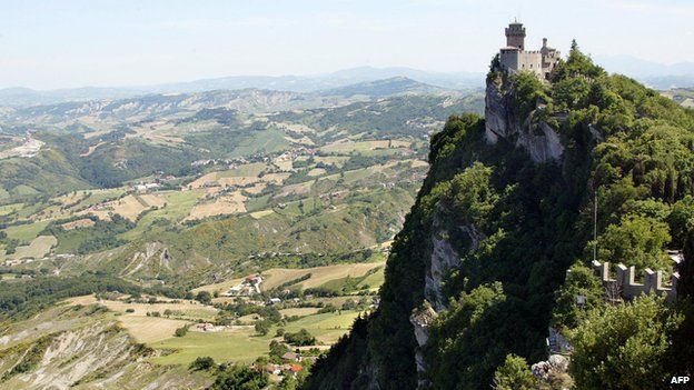 View dated 23 May 2003 of the Cesta, one of the three fortresses that dominate the skyline of the city of San Marino