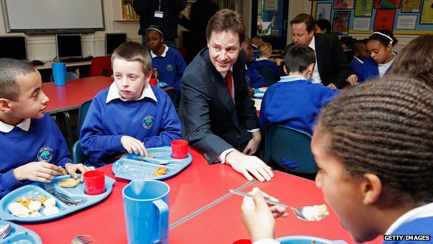 Nick Clegg in a school dining hall