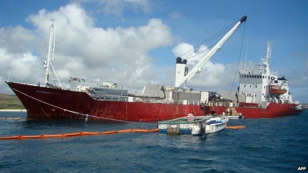 Picture taken on May 13, 2014 showing an Ecuadoran freighter which ran aground on May 9, 2014, in the Galapagos islands.