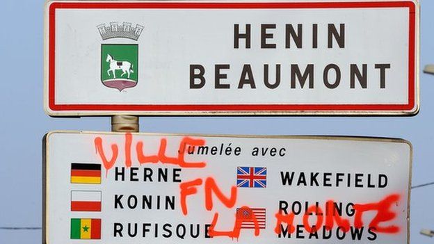 Henin_Beaumont road sign with a graffiti reading: Shame on FN town