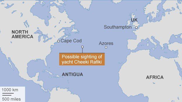 Map showing search area for yacht
