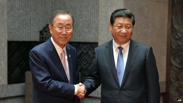 United Nations Secretary General Ban Ki-moon, left, talks with the Chinese President Xi Jinping during their meeting at the Xijiao State Guesthouse on the eve of the fourth Conference on Interaction and Confidence Building Measures in Asia (CICA) summit in Shanghai, China, on 19 May.