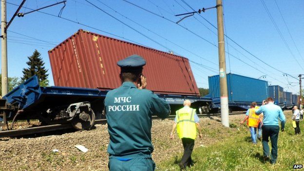 A handout photo shows the site of a collision of freight and passenger trains at the Bekasovo railway station