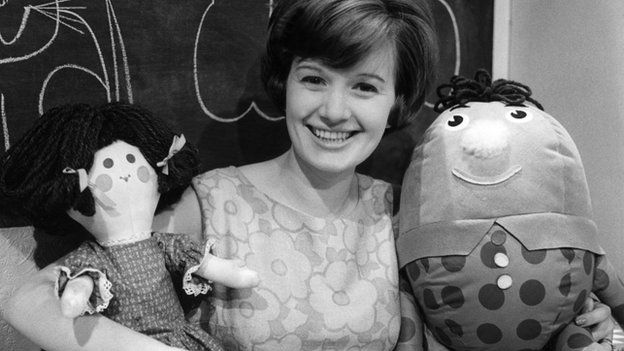 Actress Julie Stevens with rag doll Jemima and Humpty Dumpty on Playschool in 1964