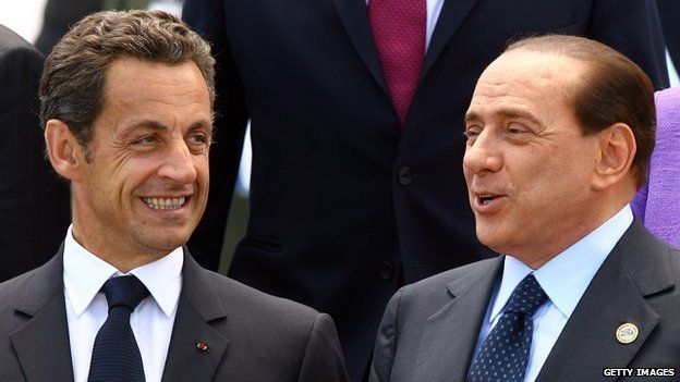 Nicolas Sarkozy and Silvio Berlusconi during G8 summit in L'Aquila, 2009
