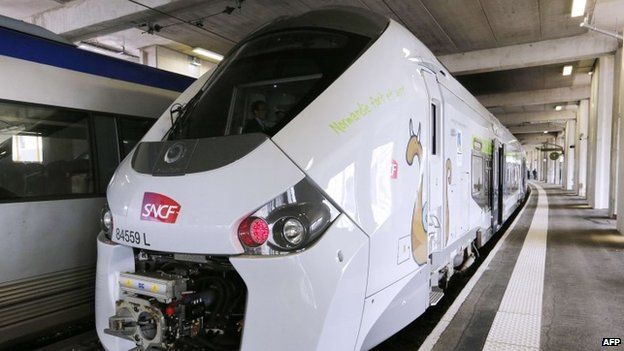 The new SNCF Regiolis Regional Express Train (TER) during its presentation at the Vaugirard railway station in Paris (April 2014)
