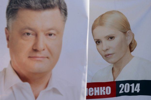 Placards depicting Petro Poroshenko (left) and Yulia Tymoshenko in Lviv, Ukraine, 21 May