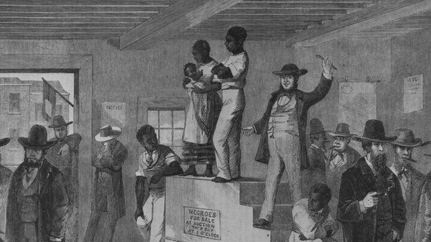 An 1861 newspaper illustration of a Virginia slave auction.
