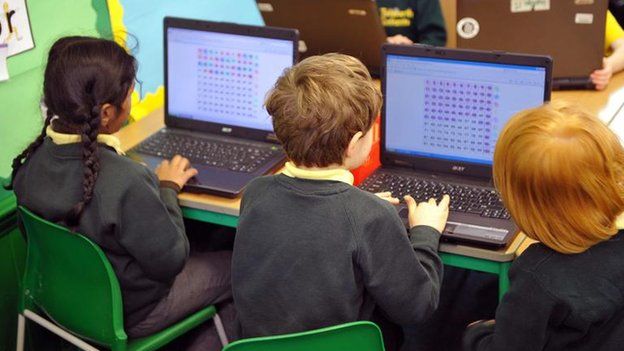Primary school pupils using a computer
