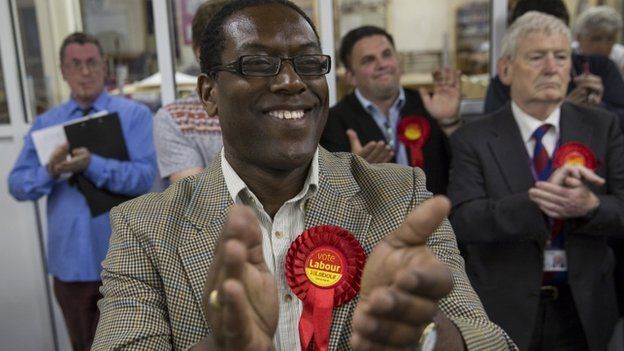 A member of the Labour Party celebrates in Croydon