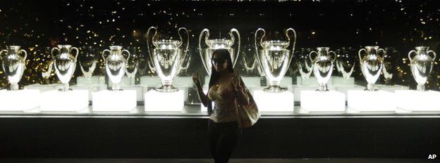Real Madrid's trophies on display at the Santiago Bernabeu stadium in Madrid, Spain.