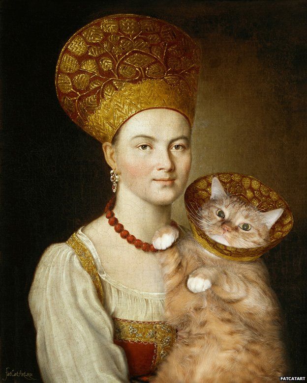 Portrait of an Unknown Woman in Russian Costume and a Very Known Cat in a Vet Collar, based on Ivan Argunov, Portrait of an Unknown Woman in Russian Costume