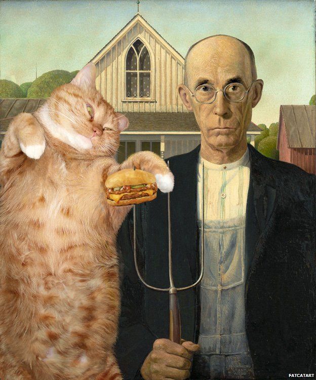Ameri-cat Gothic. I can has cheezburger? Based on Grant Wood's American Gothic