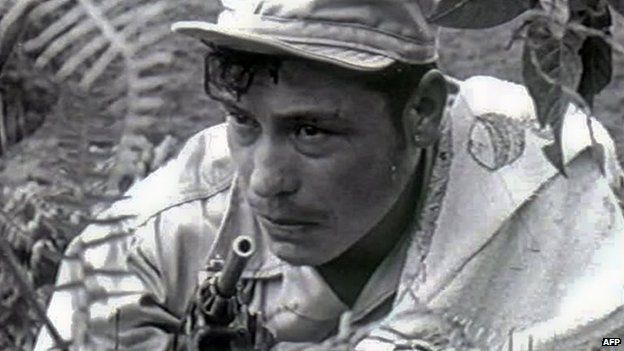 Picture taken in the 1960s of one of the founders of the Farc, late former leader Manuel Marulanda during combat following an attack at their camp in Marquetalia, in the Colombian department of Tolima