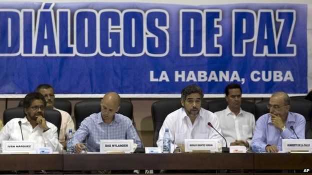 Farc and government negotiators at a news conference in Havana on 16 May, 2014