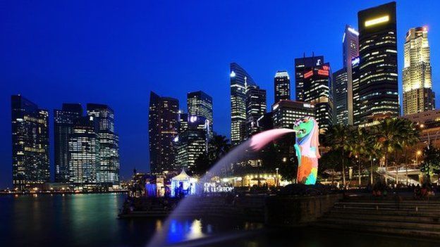 A general view of the Merlion and the central business district skyline on 28 March 2012 in Singapore.