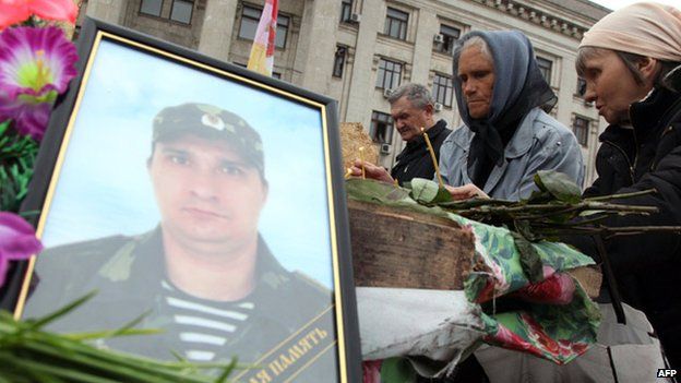 People mourn a pro-Russian separatist killed in Odessa on 2 May