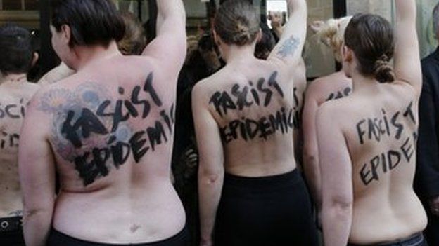 Femen activists demonstrate against the National Front in Paris, 22 April