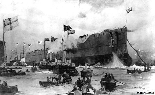 17th February 1906: The HMS 'Dreadnought' at its launch by the King at Portsmouth.