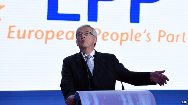 Jean-Claude Juncker delivers a speech during the announcement of the European elections results on 25 May 2014 at the European Parliament in Brussels.