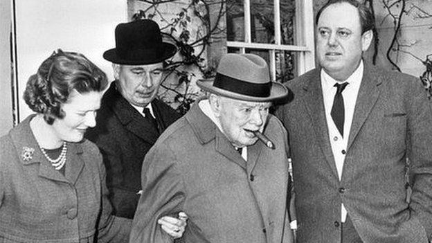 Lady Mary Soames (left), with her father Winston Churchill (centre) in 1964