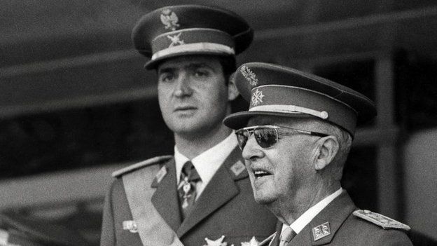 A photo taken on June 10, 1971 shows Prince Juan Carlos of Bourbon (L) and Spanish Head of State General Francisco Franco (R) attending the Victory Parade in Madrid