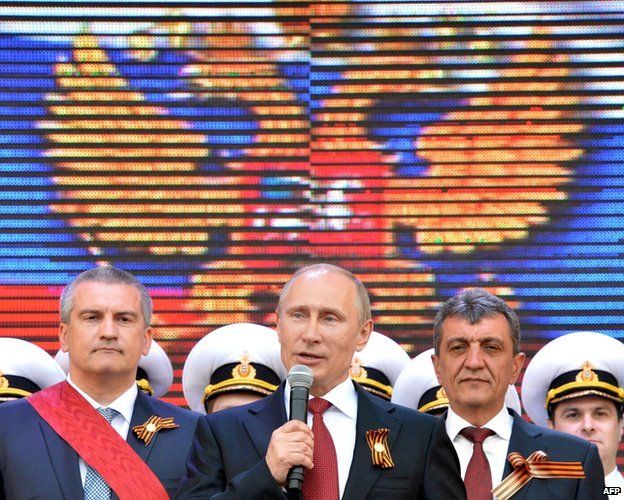 Russian President Vladimir Putin speaks during his visit to the Crimean port of Sevastopol