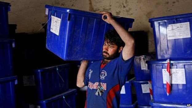 An Afghan election worker carries a ballot box at an election commission office in Jalalabad east of Kabul, Afghanistan, Wednesday, April 2, 2014.