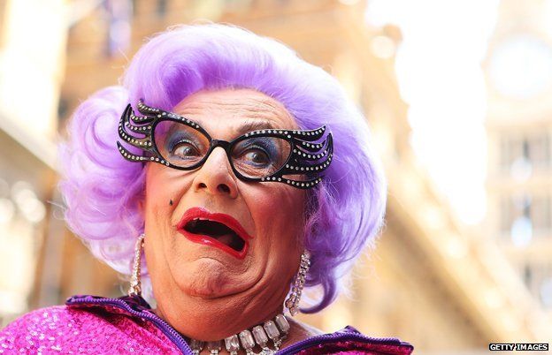 Barry Humphries dressed as Dame Edna Everage