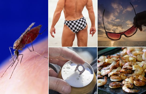 From left: mosquito on skin, man wearing small swimming trunks, man holding sunglasses, prawns/shrimps on a barbecue, hand opening tin of beer