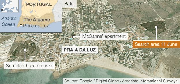 Map of the scrubland search area, Praia da Luz, Portugal