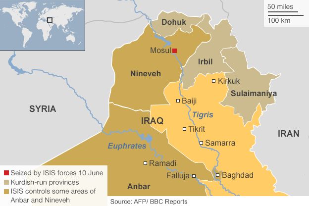 Map showing ISIS advance in northern Iraq