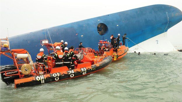 Rescue work by members of the Republic of Korea Coast Guard continues around the site of ferry sinking accident off the coast of Jindo Island on 16 April, 2014
