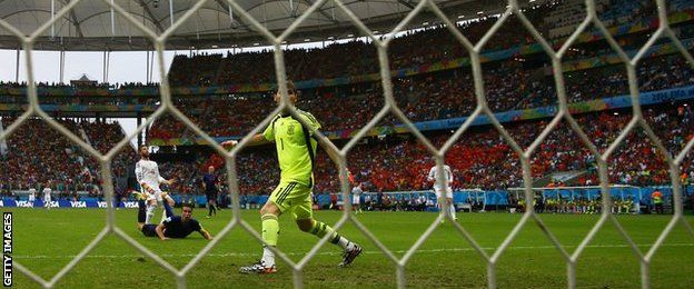 Netherlands striker Robin van Perise scores a spectacular header against Spain