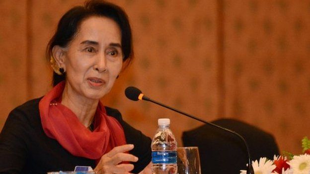 Myanmar opposition leader Aung San Suu Kyi speaks during a press conference in Kathmandu on 16 June.