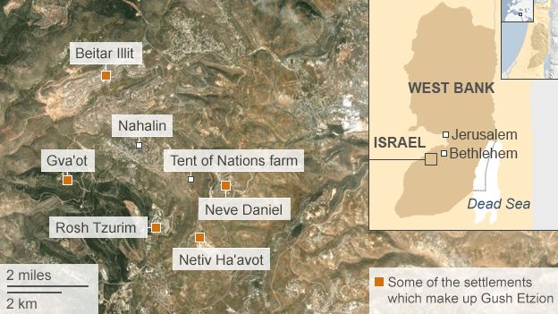 Map showing the location of the Tent of Nations farm and some Israeli settlements