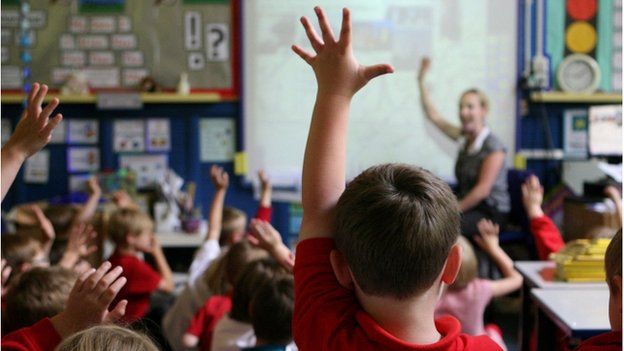 Children with their hands up in a school classroom