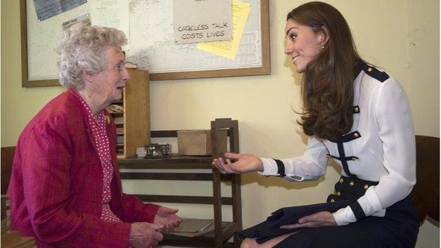 The Duchess of Cambridge talks with Bletchley veteran Lady Marion Body, who knew her grandmother, during a visit to Bletchley Park