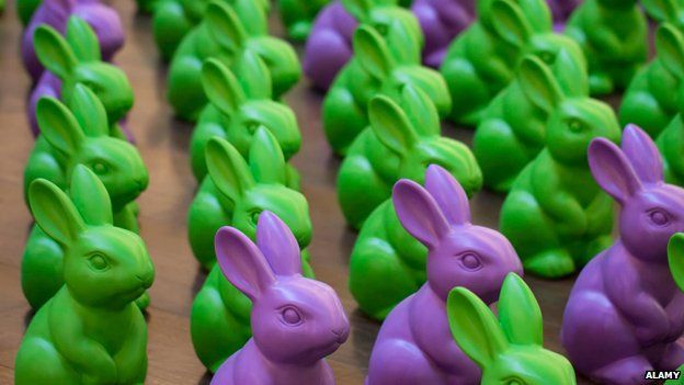 Plastic rabbits in rows
