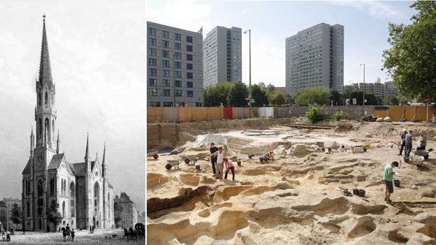 St Peter's Church in 1850 and graves being discovered in 2008